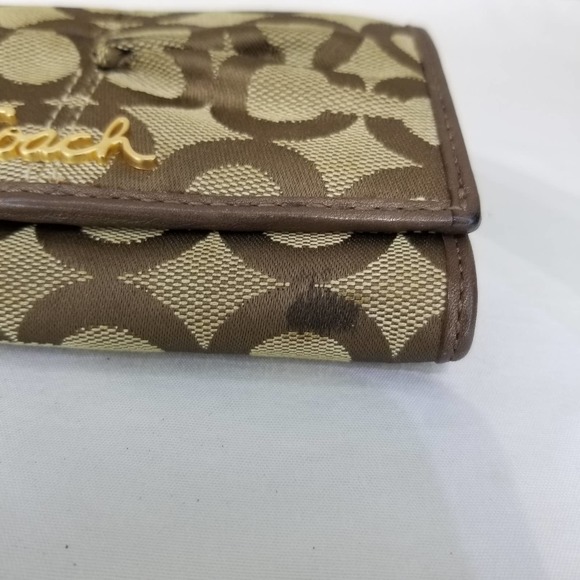 Coach Bifold Jacquard Fabric Wallet Logo CC Brown Tan Cinching - Picture 10 of 12